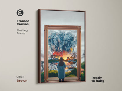 Framed Canvas Fantasy Art in Brown. This surreal dreamscape depicts a woman gazing into an abstract crystal world. The blue orange yellow art adds color to any room. Perfect for eclectic bedroom decor. A unique dreamer's gift idea ready to hang.