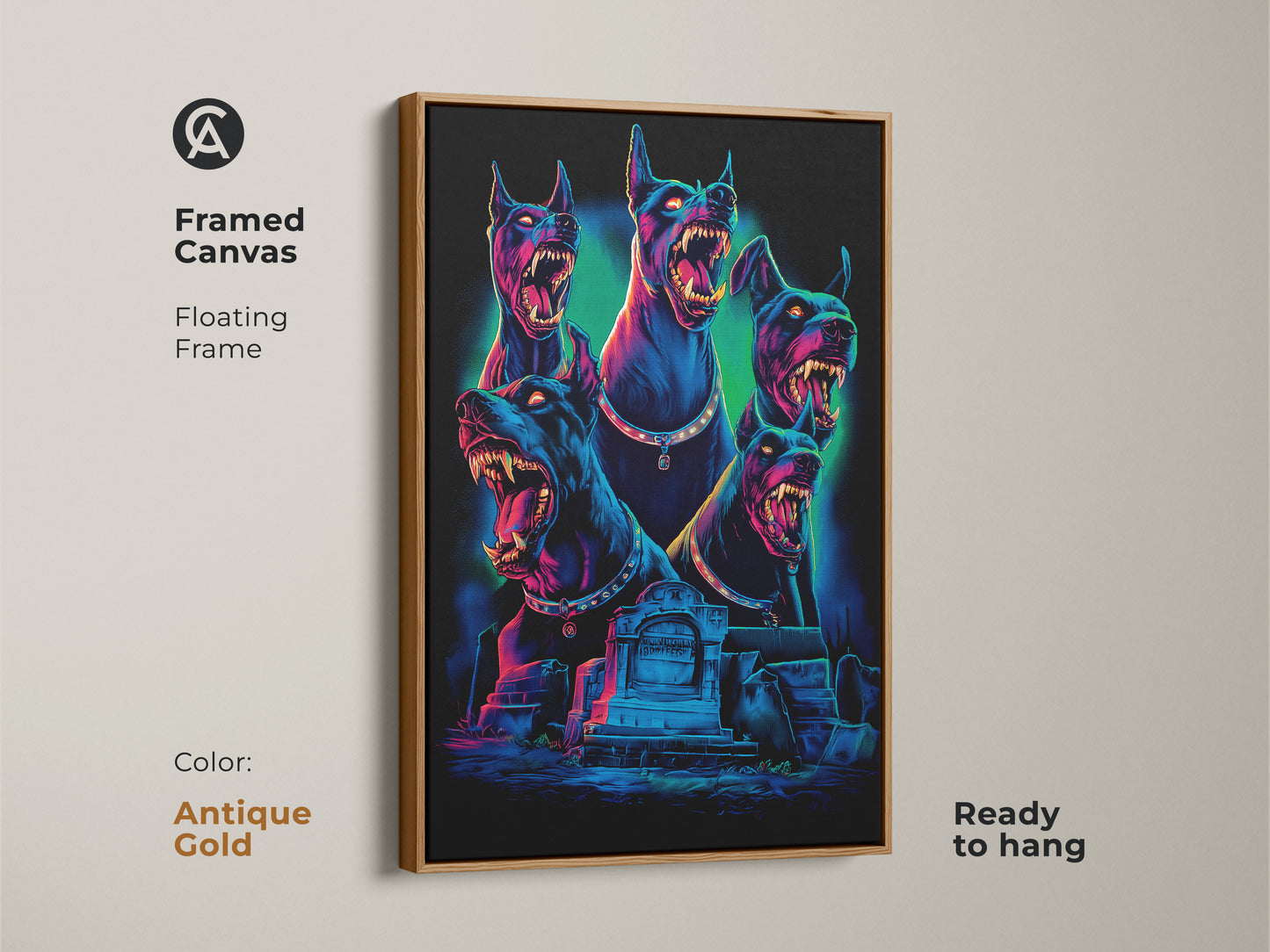 Framed canvas of a Gothic Cerberus artwork. An antique gold frame surrounds this neon blue and electric pink dark fantasy print. The mythology dog art is ready to hang. It will add a unique touch to your gothic room decor.