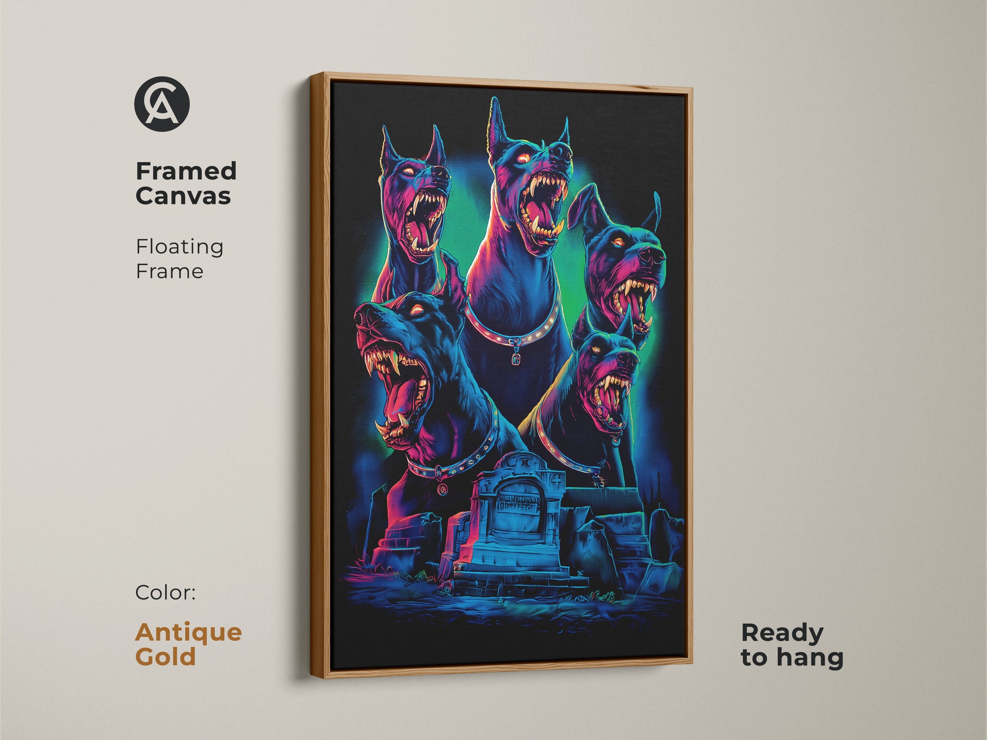 Framed canvas of a Gothic Cerberus artwork. An antique gold frame surrounds this neon blue and electric pink dark fantasy print. The mythology dog art is ready to hang. It will add a unique touch to your gothic room decor.