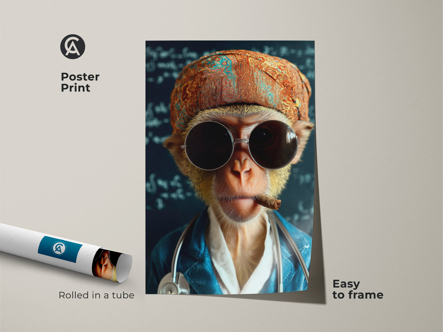 Poster Print of a monkey doctor. This surreal animal art features a monkey with a stethoscope and sunglasses. This is an easy-to-frame poster. The quirky artwork makes a unique office or home decor accent and a humorous gift idea.