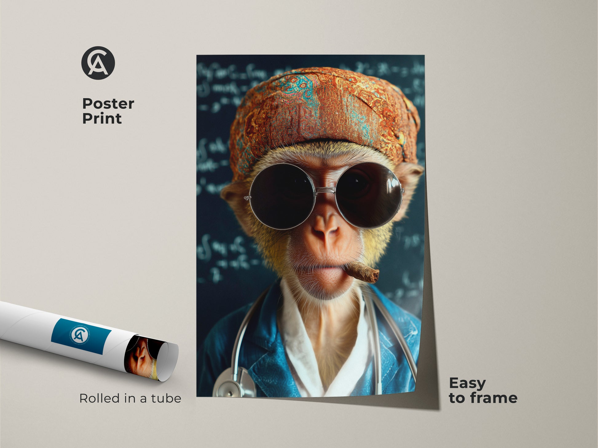 Poster Print of a monkey doctor. This surreal animal art features a monkey with a stethoscope and sunglasses. This is an easy-to-frame poster. The quirky artwork makes a unique office or home decor accent and a humorous gift idea.