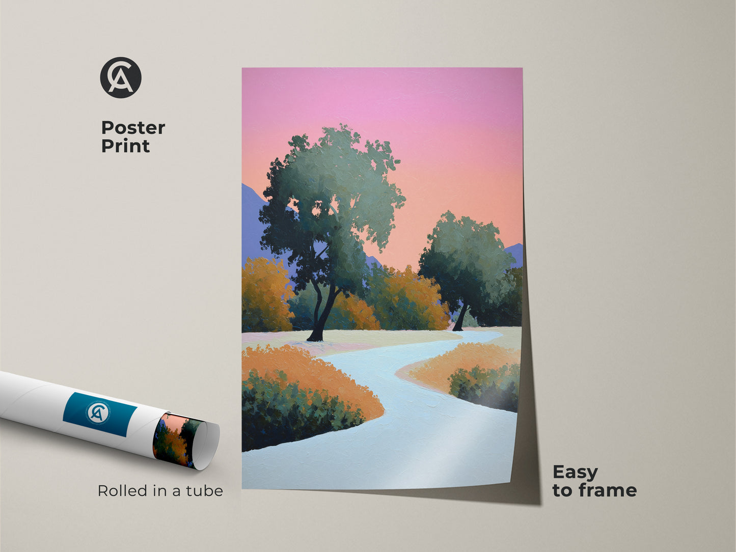 Poster print rolled in a tube featuring a contemporary landscape. The abstract path art print showcases a pink orange sky. This modern nature canvas is easy to frame. Perfect bedroom decor wall art or housewarming gift.
