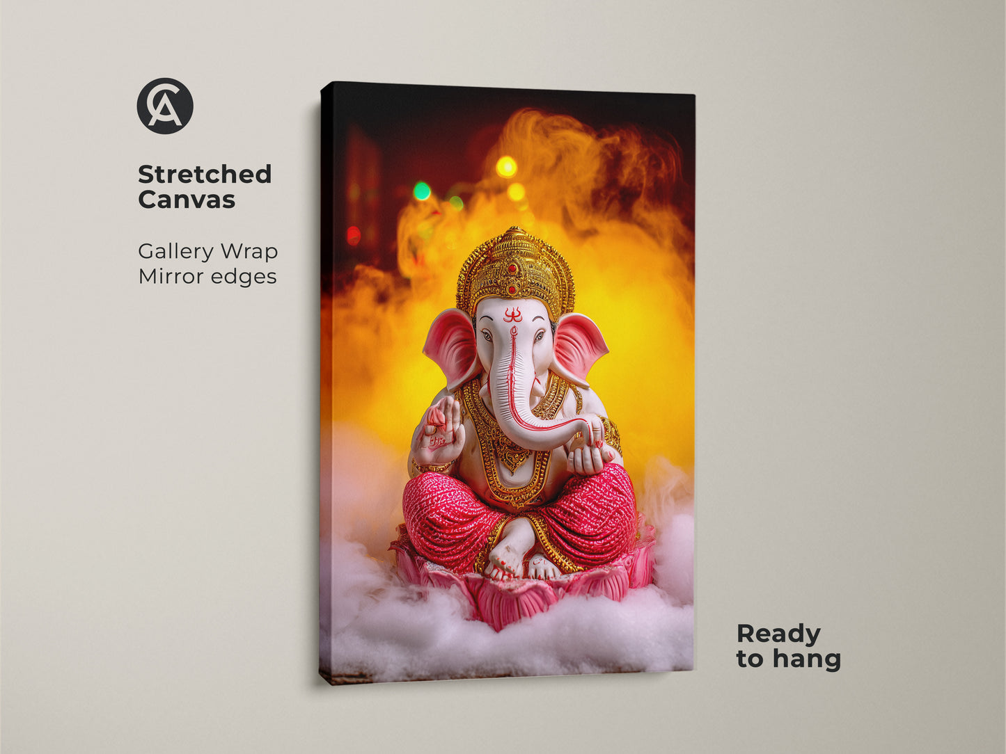A gallery-wrapped stretched canvas of the Pink Gold Ganesha artwork. The mirror edges enhance the spiritual lotus art. It's ready to hang as Hindu mythology canvas art. Perfect eclectic decor for a meditation room. This Ganesha print adds a divine presence to any home.