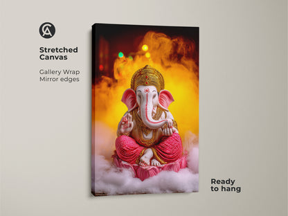 A gallery-wrapped stretched canvas of the Pink Gold Ganesha artwork. The mirror edges enhance the spiritual lotus art. It's ready to hang as Hindu mythology canvas art. Perfect eclectic decor for a meditation room. This Ganesha print adds a divine presence to any home.
