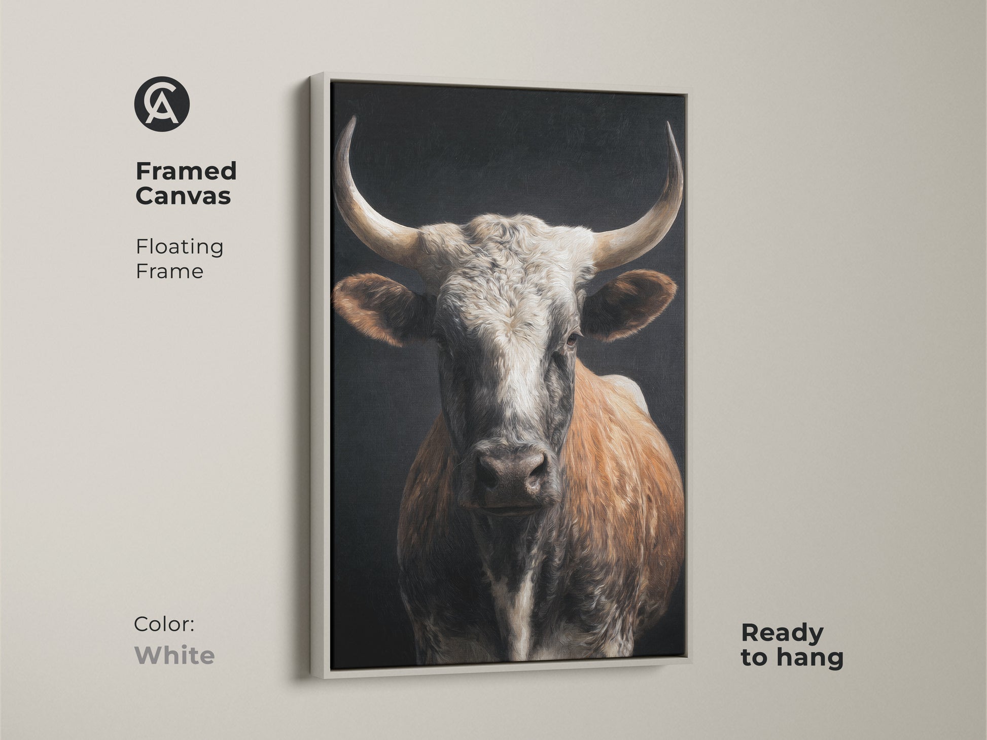 Framed canvas featuring realistic bull artwork with a floating frame in white. The tan white and brown tones enhance its rustic animal print decor. Ready to hang. The farmhouse cow wall art adds charm to any space. Perfect for country style home decor. This wildlife farm animal art is a stunning focal point.