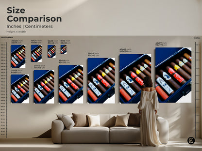 Size comparison of cigar humidor art in inches and centimeters. Select a size for your canvas or poster print. This realistic art is ideal for a man cave. Premium decor features rich browns and deep reds. Find the perfect art for your home bar today