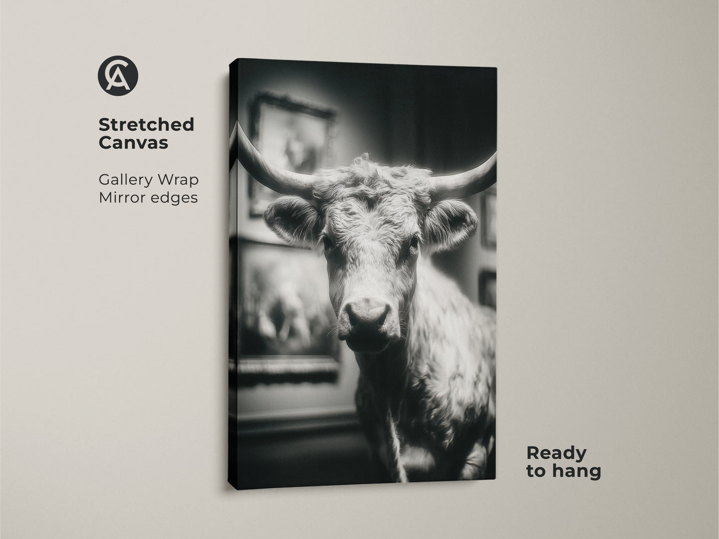 Stretched canvas featuring a black and white Texas Longhorn bull. The artwork is gallery-wrapped with mirrored edges. It comes ready to hang. A striking piece of animal art. Perfect for adding a touch of western style to your living room or office.