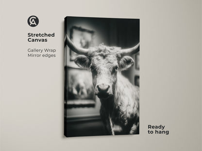 Stretched canvas featuring a black and white Texas Longhorn bull. The artwork is gallery-wrapped with mirrored edges. It comes ready to hang. A striking piece of animal art. Perfect for adding a touch of western style to your living room or office.