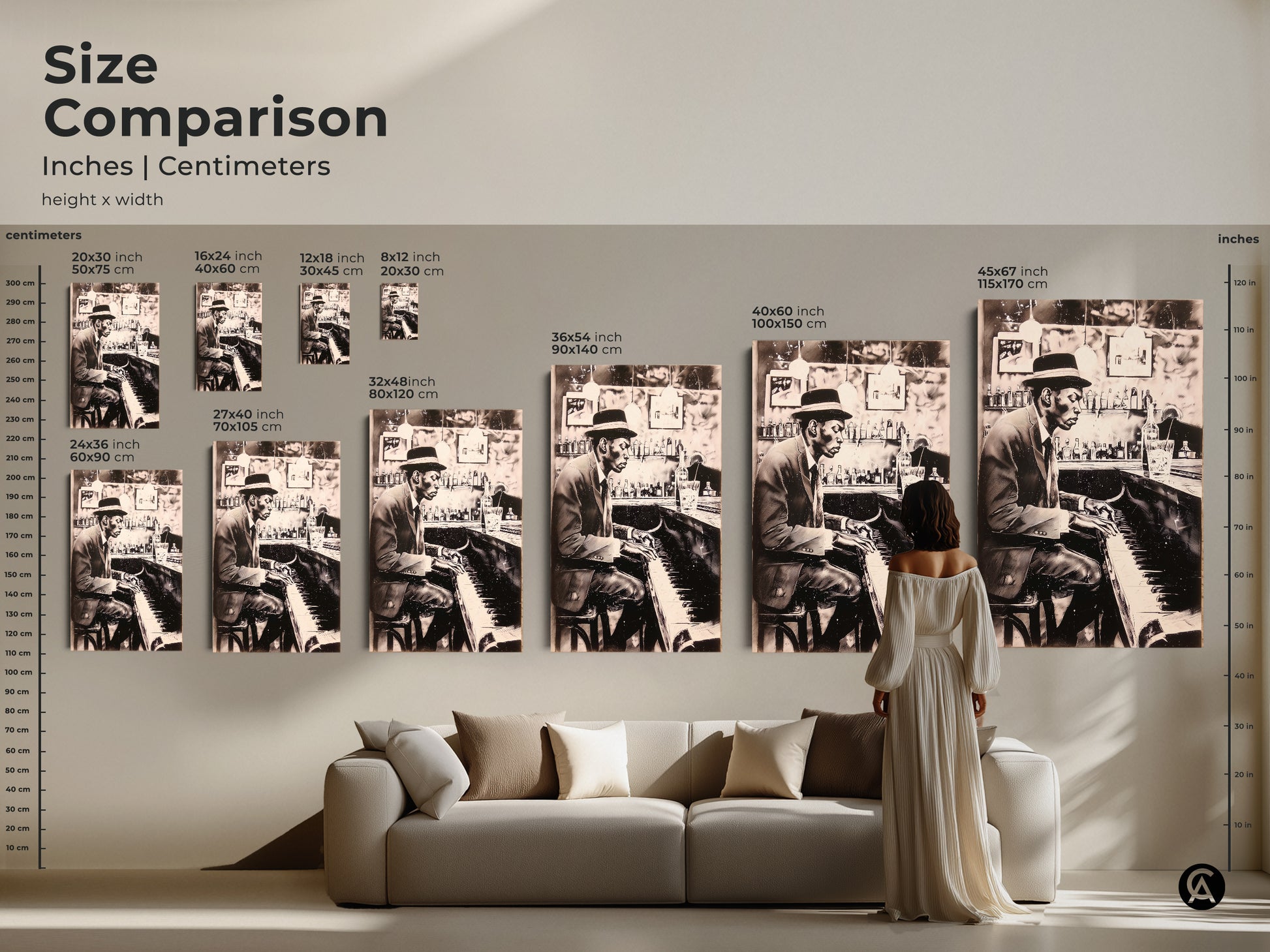 See the size comparison of our piano art prints in inches and centimeters. Visualize how the artwork will look in your living space. Available in various sizes this musical piece enhances any room. Choose the perfect size to complement your home decor and style today.