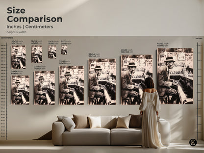 See the size comparison of our piano art prints in inches and centimeters. Visualize how the artwork will look in your living space. Available in various sizes this musical piece enhances any room. Choose the perfect size to complement your home decor and style today.
