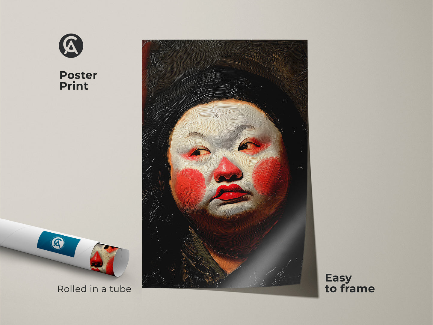 Poster print featuring an expressive Geisha portrait. This oil painting style artwork is rolled in a tube for protection. Easy to frame and display. The red white orange tones create a dramatic effect. Perfect for adding a touch of Asian culture to your walls.