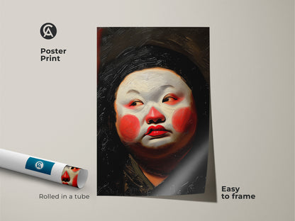Poster print featuring an expressive Geisha portrait. This oil painting style artwork is rolled in a tube for protection. Easy to frame and display. The red white orange tones create a dramatic effect. Perfect for adding a touch of Asian culture to your walls.