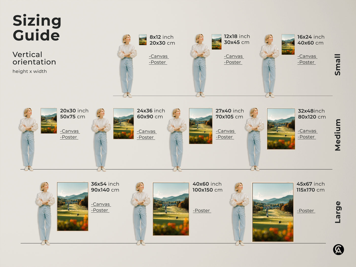 Discover a variety of vertical art sizes. This sizing guide helps you visualize the perfect fit for your space. Choose from small medium and large sizes in both canvas and poster prints. Find the ideal dimensions to showcase this stunning golf course artwork in your home.