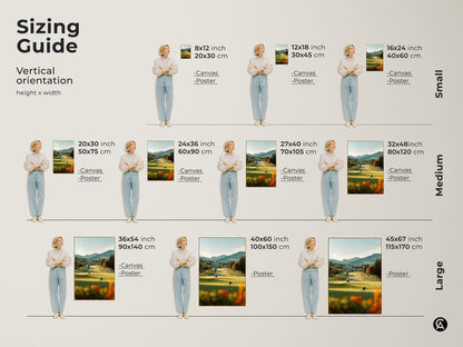 Discover a variety of vertical art sizes. This sizing guide helps you visualize the perfect fit for your space. Choose from small medium and large sizes in both canvas and poster prints. Find the ideal dimensions to showcase this stunning golf course artwork in your home.