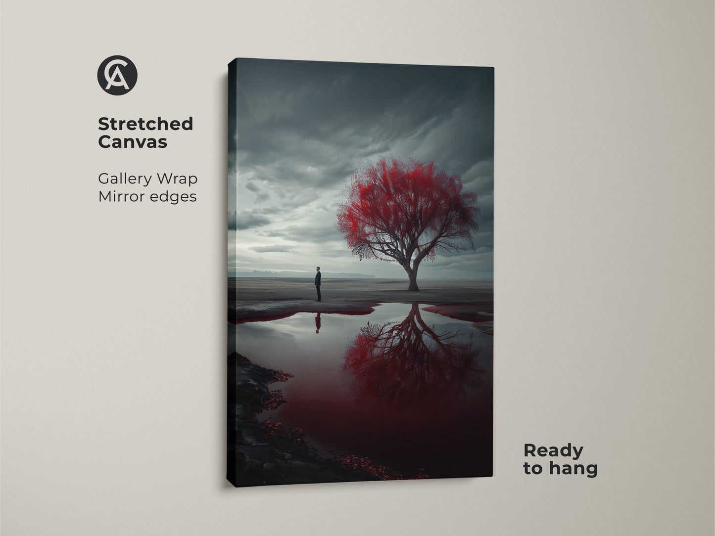 Stretched canvas print features a surreal desert scene. A man contemplates a red tree reflected in a pool. Gallery wrapped with mirrored edges this contemporary artwork is ready to hang. It adds a unique touch to any room. This piece is perfect for collectors of surrealism art.