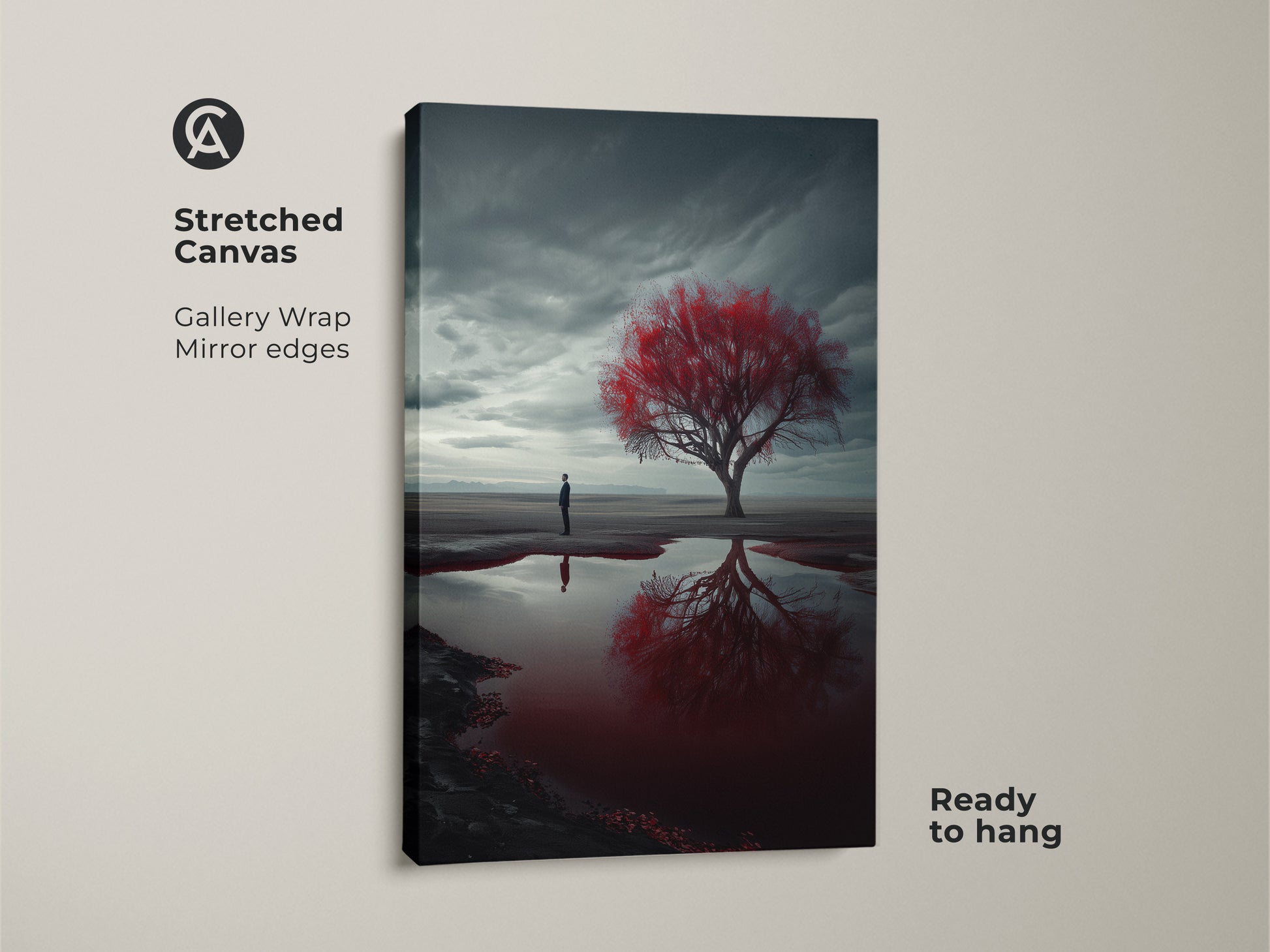 Stretched canvas print features a surreal desert scene. A man contemplates a red tree reflected in a pool. Gallery wrapped with mirrored edges this contemporary artwork is ready to hang. It adds a unique touch to any room. This piece is perfect for collectors of surrealism art.