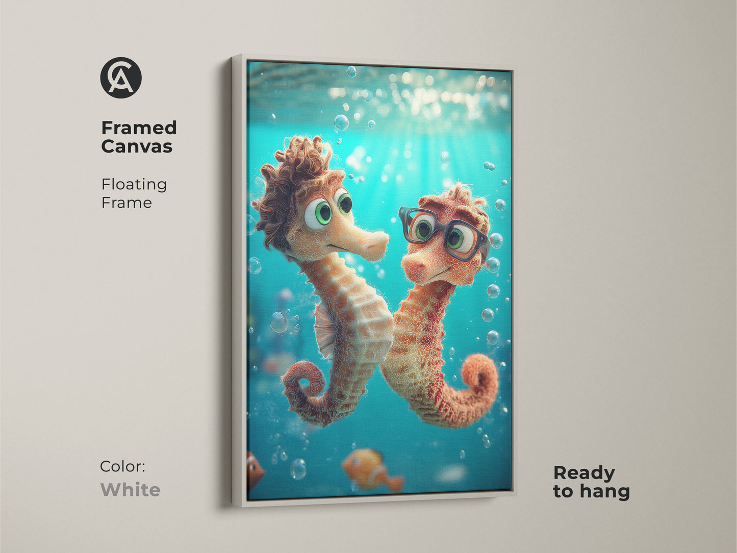 White framed canvas art showcasing seahorse and clownfish. Kids room ocean wall art is ready to hang. This aqua and orange underwater print is great for kids. The cartoon sea life decor makes a playful addition. A unique animal friends print.