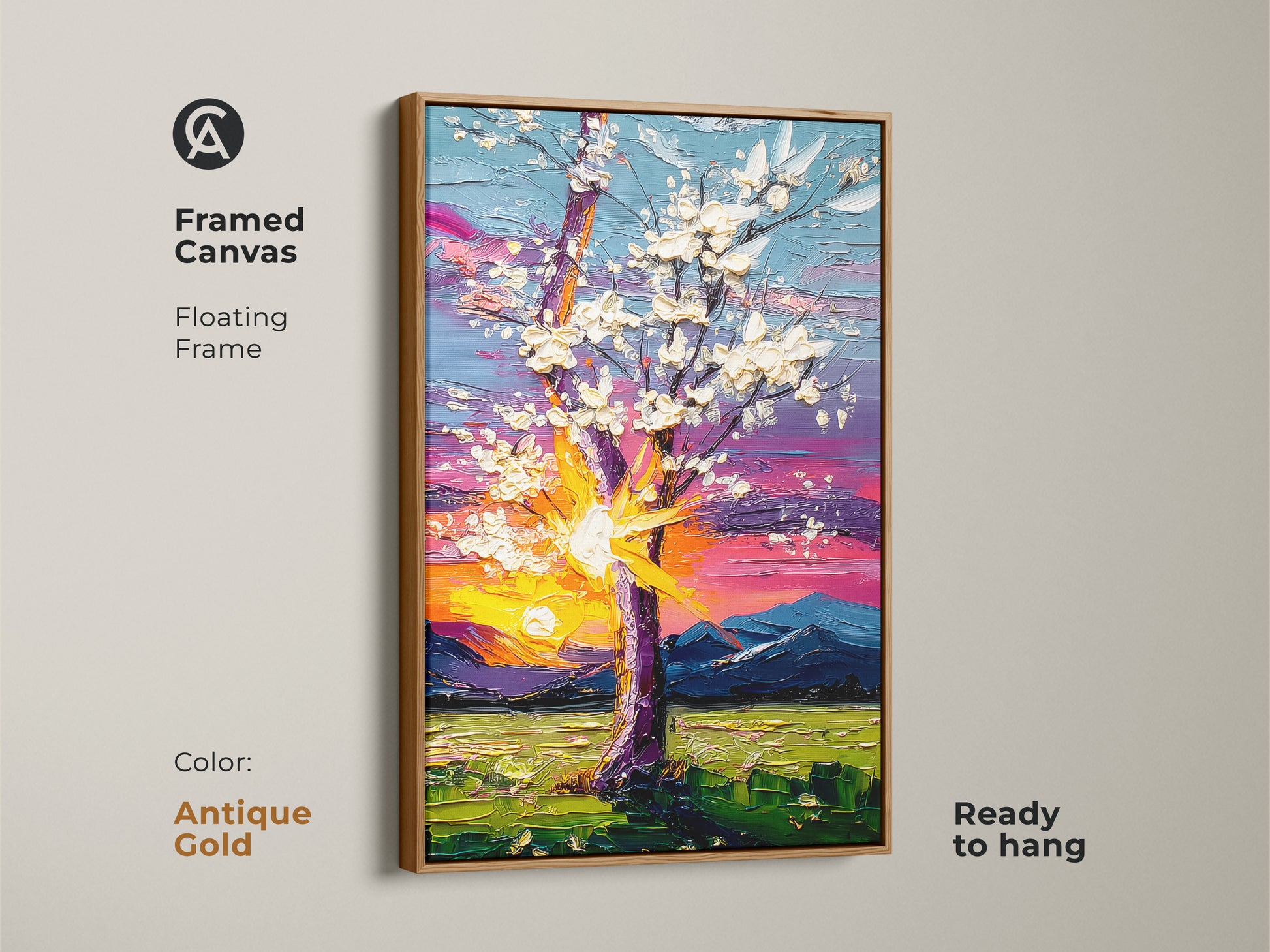 An antique gold floating frame surrounds this canvas print. The blooming tree and mountain landscape adds warmth to any room. This nature inspired artwork is ready to hang. Ideal as a thoughtful housewarming nature gift.