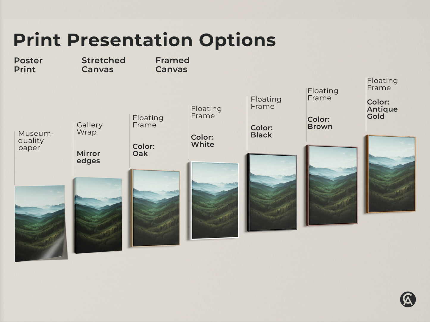 Explore print presentation options for forest valley landscape art. Choose from poster prints stretched canvas or framed canvas. Find the perfect serene landscape painting today.