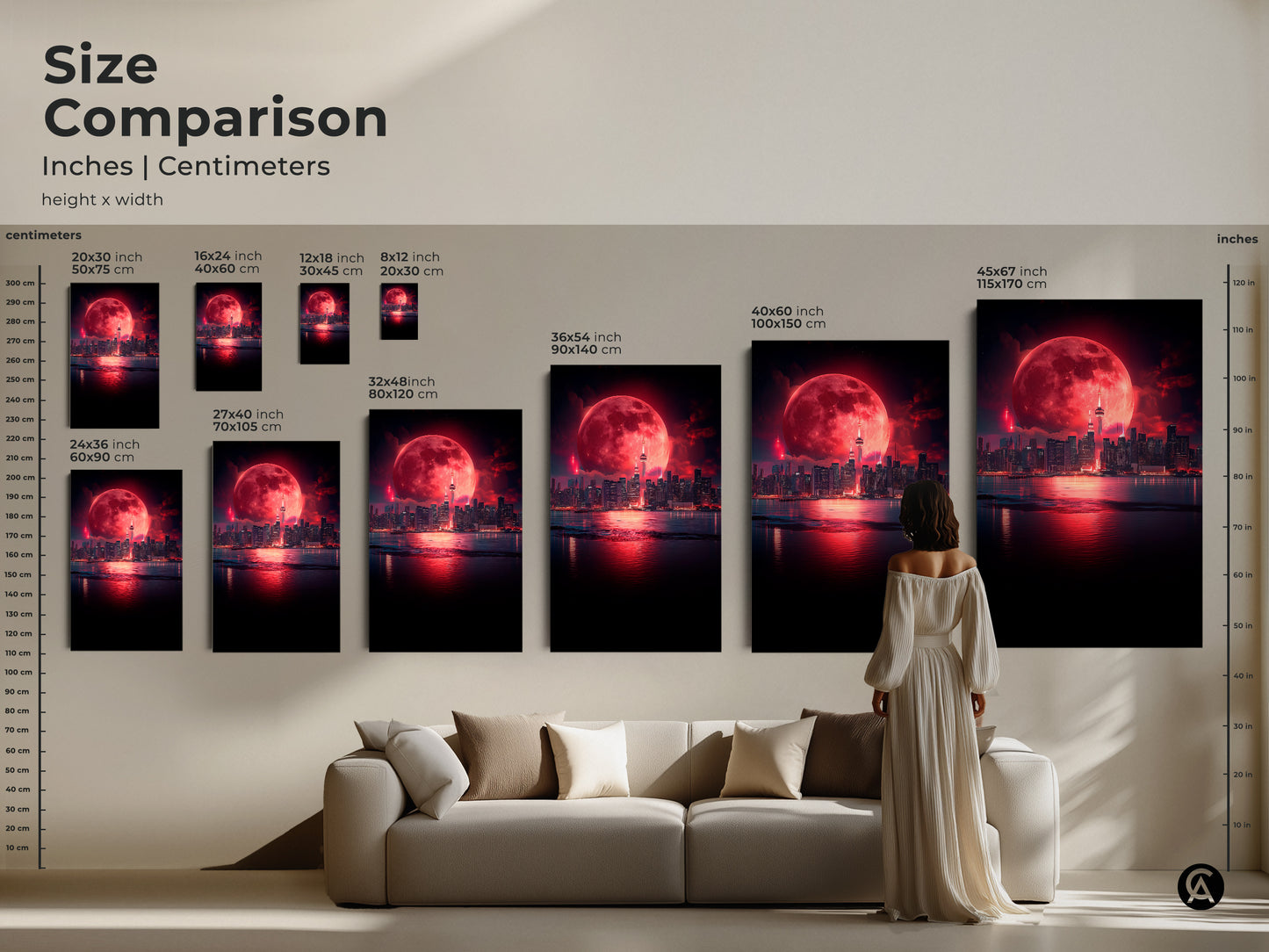 A size comparison of surreal cityscape art prints showing how the crimson moon artwork fits above a couch. Choose from various sizes to find the perfect fantasy night sky canvas. This modern city art print makes a striking statement