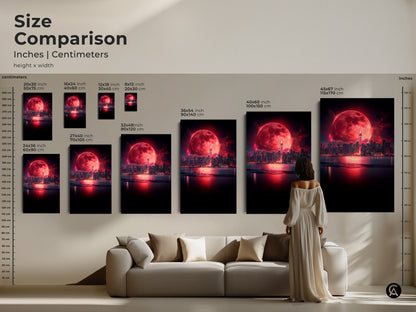 A size comparison of surreal cityscape art prints showing how the crimson moon artwork fits above a couch. Choose from various sizes to find the perfect fantasy night sky canvas. This modern city art print makes a striking statement