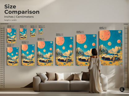 Compare sizes of this retrofuturistic sci fi car art in inches and centimeters. This surreal automotive artwork shows the scale of canvas and posters. Find the ideal fit to enhance your space with its teal orange yellow hues.