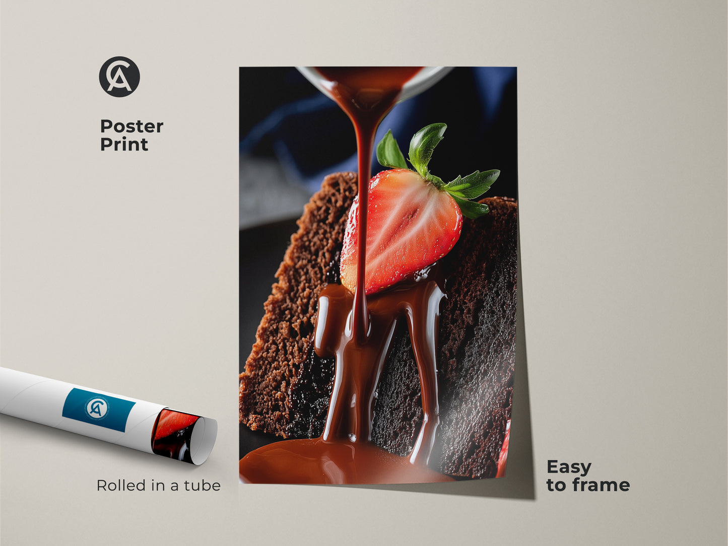 Poster print of gourmet chocolate cake art. This rolled art is easy to frame. The strawberry chocolate drip print makes a sweet treat wall decor for the modern kitchen.