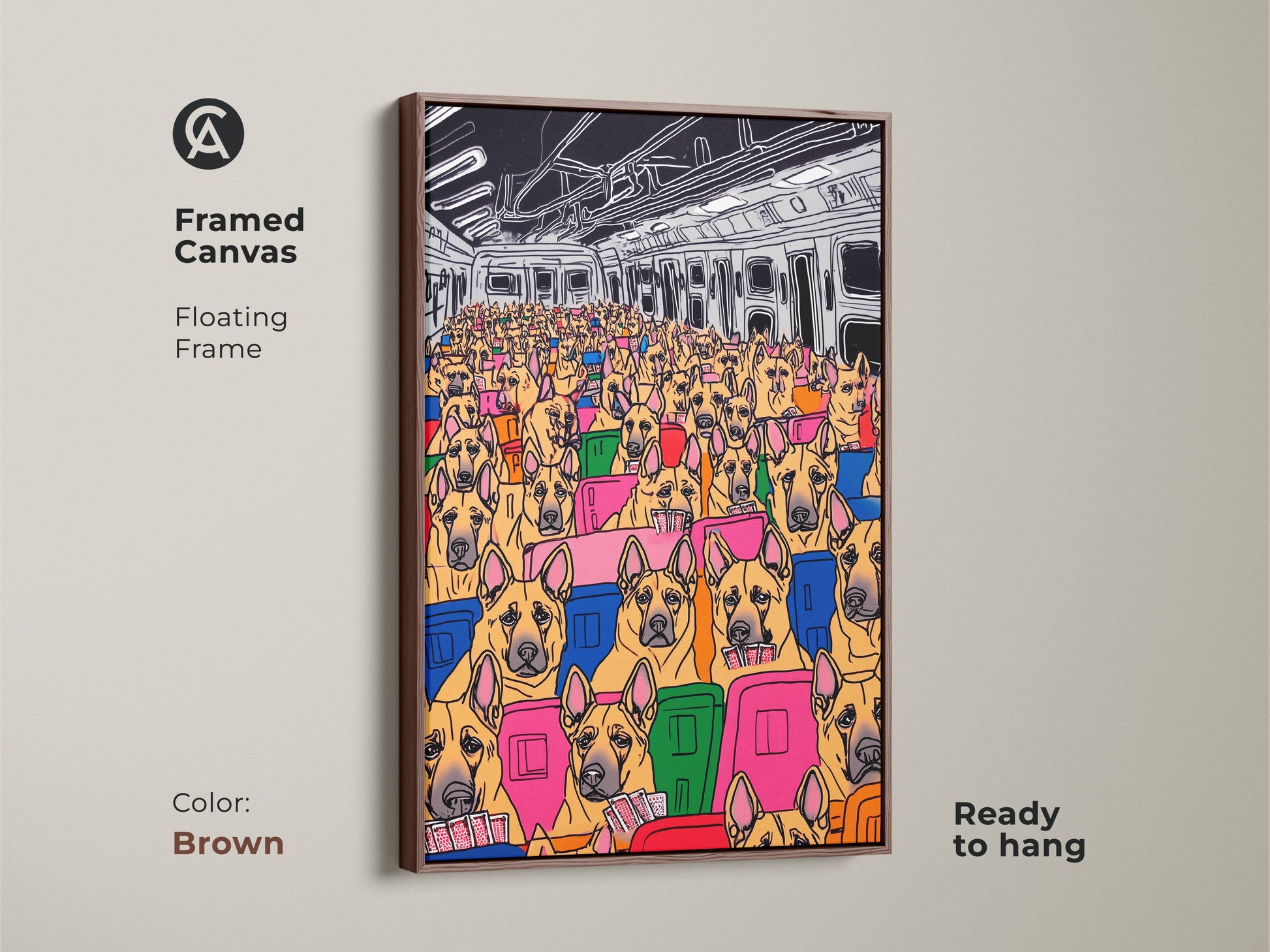 This framed canvas features cartoon dogs on a subway in a pop art style. Encased in a warm brown floating frame and ready to hang. This artwork brings an eclectic and humorous touch to any room. It is perfect for dog lovers.