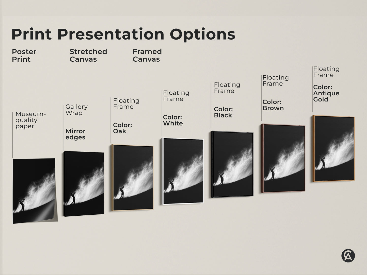 Explore our print presentation options for golf artwork. Choose from poster prints stretched canvas and framed canvas. Each option showcases a golfer silhouette in striking black and white. Find the perfect style for your space.
