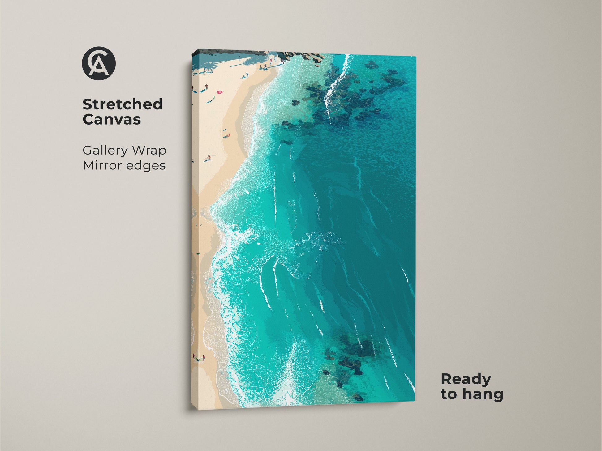 Gallery wrapped stretched canvas featuring a beach scene. The mirror edges enhance the artwork's depth. The aerial shot showcases turquoise waters and a sandy coastline. This canvas art is ready to hang adding instant beachy charm.