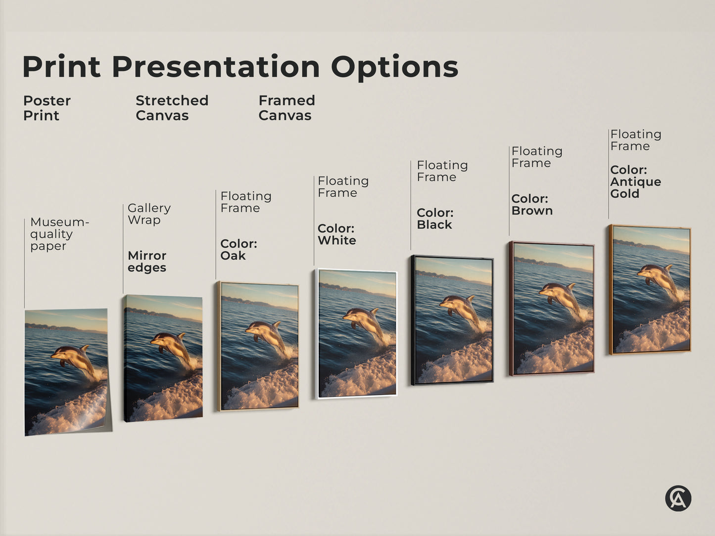 Explore print presentation options for coastal ocean canvas art. Choose from poster prints stretched canvas or framed canvas. Gallery wrap mirror edges and floating frame options are available. Find the perfect style for your dolphin leaping artwork.