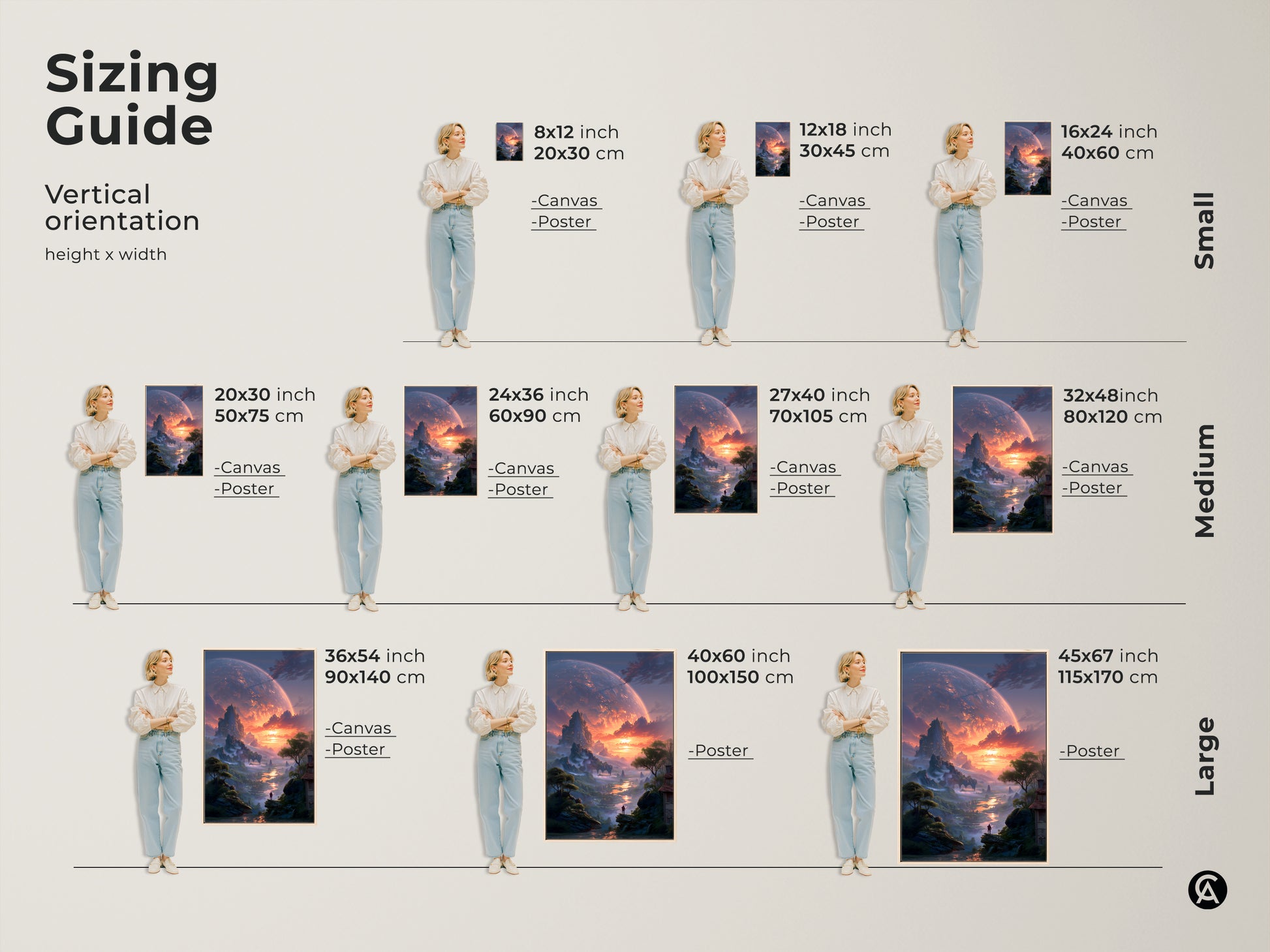 Sizing guide for vertical sci-fi alien planet landscape artwork. Available in small medium and large sizes on canvas or poster. Find the perfect fit for your wall decor. This epic fantasy print transforms any room. Enhance your space with this unique contemporary wall hanging.