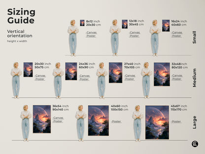 Sizing guide for vertical sci-fi alien planet landscape artwork. Available in small medium and large sizes on canvas or poster. Find the perfect fit for your wall decor. This epic fantasy print transforms any room. Enhance your space with this unique contemporary wall hanging.