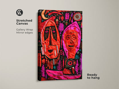 Stretched canvas of abstract tribal wall art shows a folk art print for an entryway. See the red pink and magenta colors of this canvas art. This eclectic primitive wall decor is ready to hang and adds color to any room.