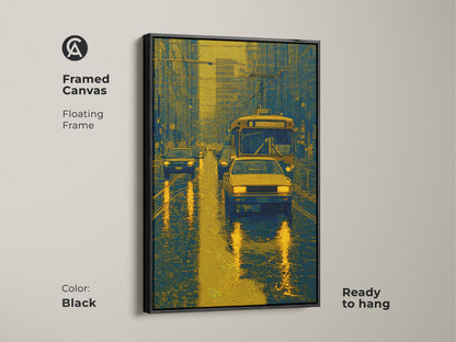 This framed canvas art features a rainy city street with cars and a bus. The artwork is in blue and gold colors. The floating frame in black adds a touch of modern elegance. Ready to hang and enjoy this piece.