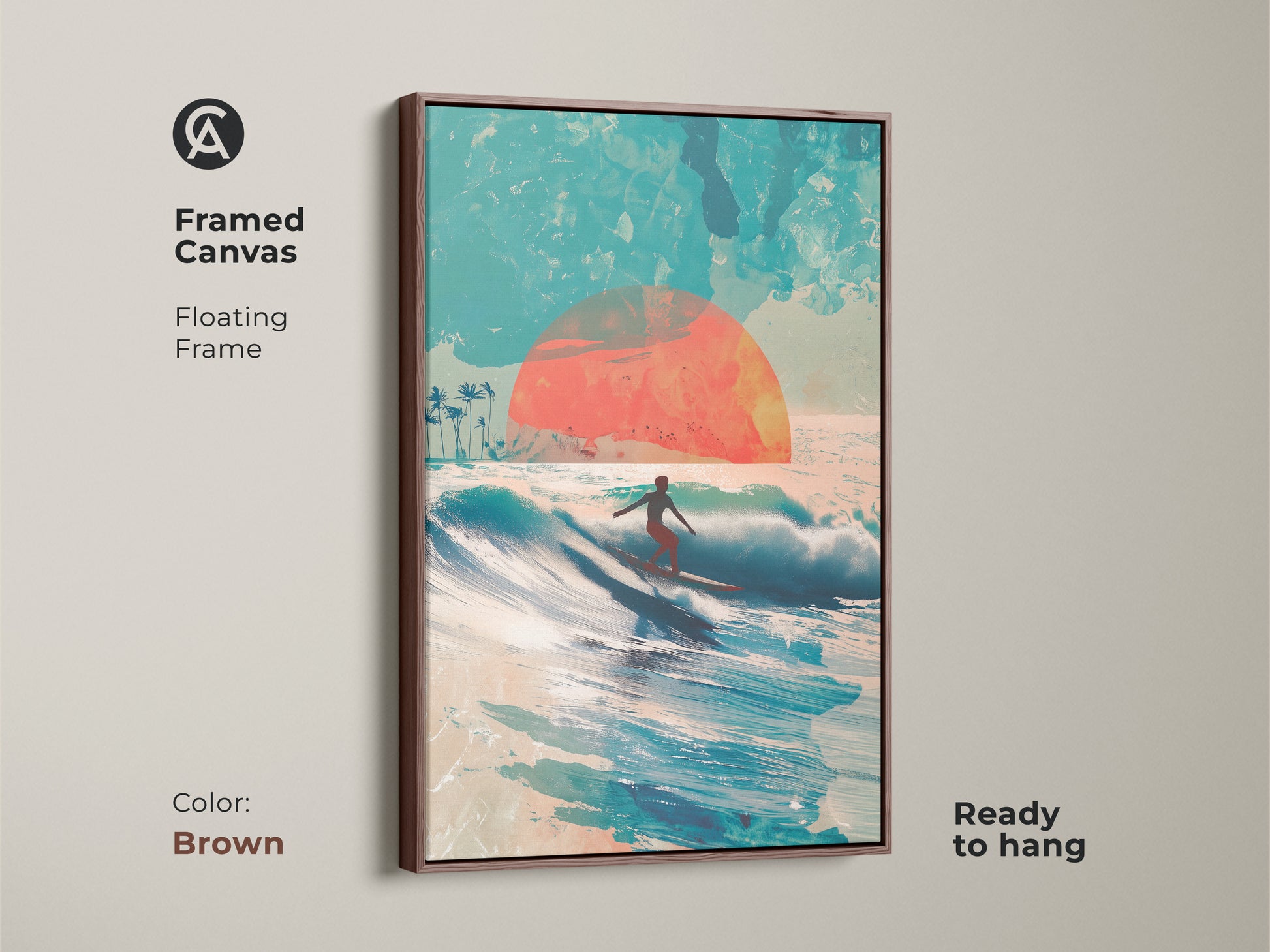 Framed canvas art print in a brown floating frame shows a surfer riding a wave at sunset. This piece brings a warm coastal vibe to any space. The artwork is ready to hang and complements various interior styles. Enjoy the beauty of the ocean in your home.