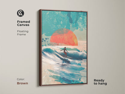 Framed canvas art print in a brown floating frame shows a surfer riding a wave at sunset. This piece brings a warm coastal vibe to any space. The artwork is ready to hang and complements various interior styles. Enjoy the beauty of the ocean in your home.