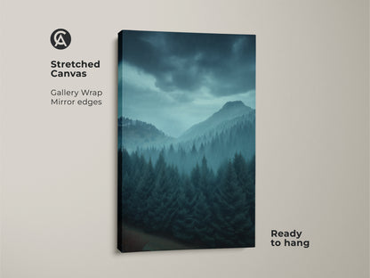 Stretched canvas art shows a misty blue mountain landscape. A pine forest canvas print with gray teal hues. Ready to hang nature wall art evokes serenity. Great for rustic home decor.