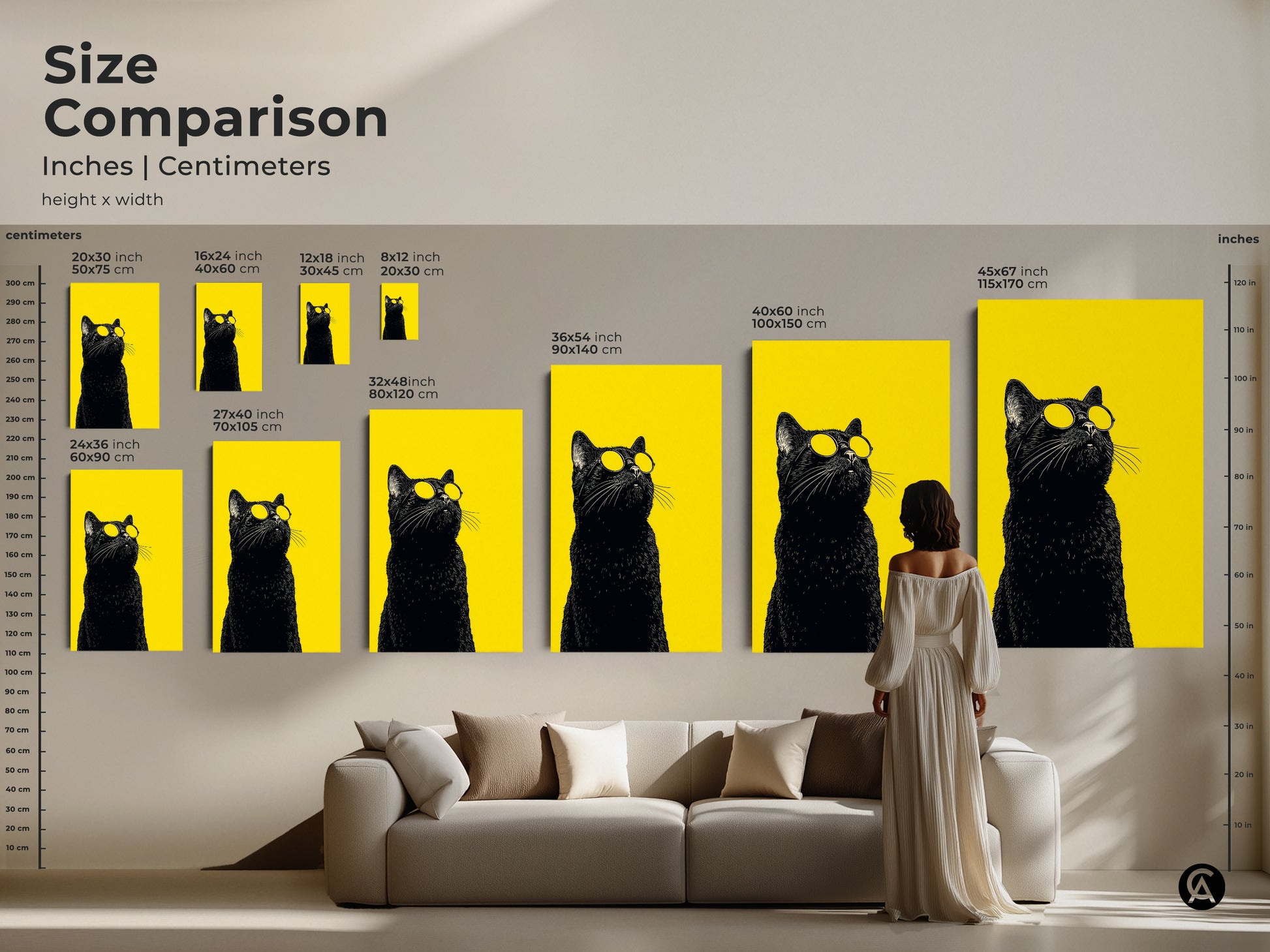 Size comparison of a black cat with sunglasses on a yellow background. Available in multiple sizes as canvas or poster art. Perfect for adding a pop of color to any space with this cool cat artwork.