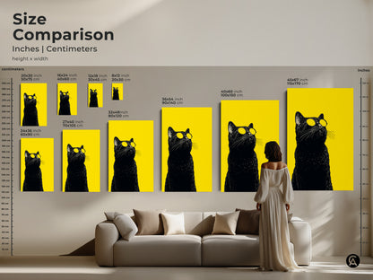 Size comparison of a black cat with sunglasses on a yellow background. Available in multiple sizes as canvas or poster art. Perfect for adding a pop of color to any space with this cool cat artwork.