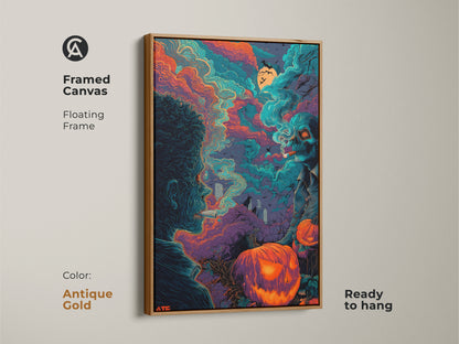 Antique gold framed canvas of Halloween artwork. The art shows a man smoking next to a skeleton with a cigar. Bats fly above jack-o-lanterns and tombstones. This framed canvas is ready to hang.