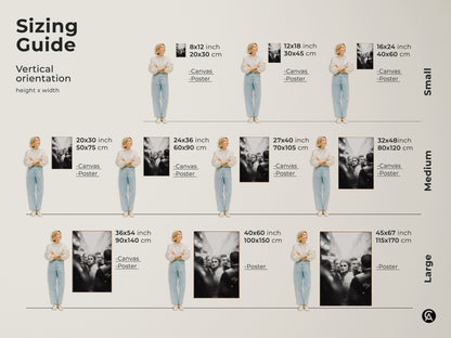 Discover the perfect size for your black and white wall art. Our sizing guide helps you visualize vertical orientation options. Choose from canvas or poster prints in various dimensions. Find the ideal fit for your bedroom living room or home office. Enhance your space with contemporary monochrome street photography.