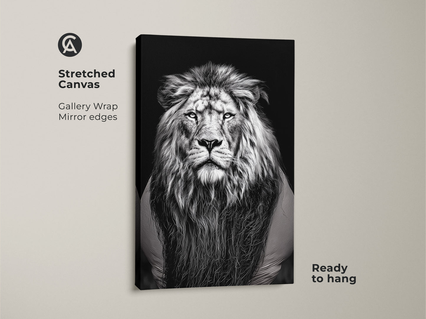 A gallery wrapped canvas features a photorealistic lion. This monochrome wildlife art is ready to hang. It adds a touch of the wild to your space. Perfect for those who appreciate minimalist decor. This black and white animal face wall decor makes a powerful statement as a gift for animal lovers.