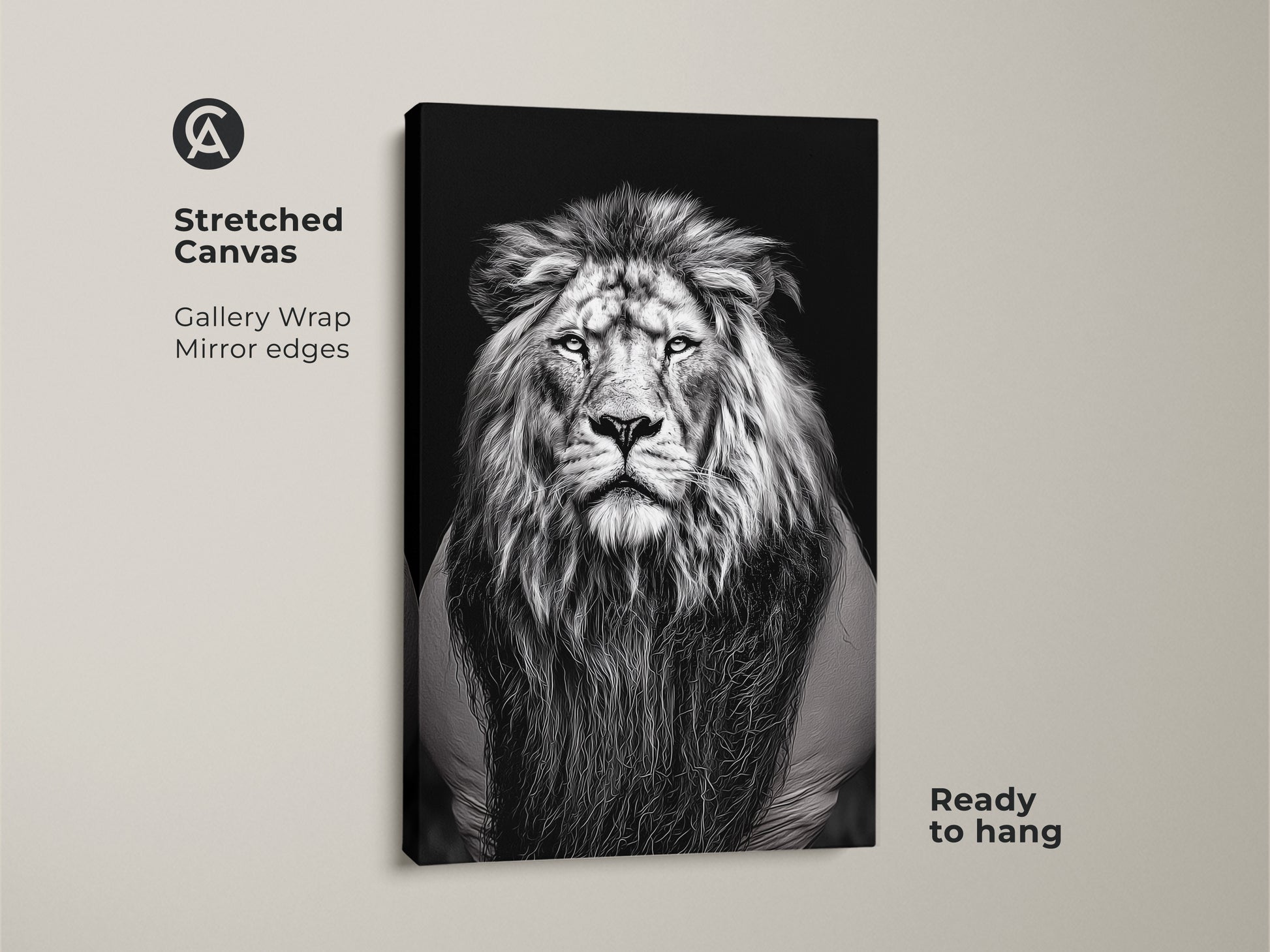 A gallery wrapped canvas features a photorealistic lion. This monochrome wildlife art is ready to hang. It adds a touch of the wild to your space. Perfect for those who appreciate minimalist decor. This black and white animal face wall decor makes a powerful statement as a gift for animal lovers.