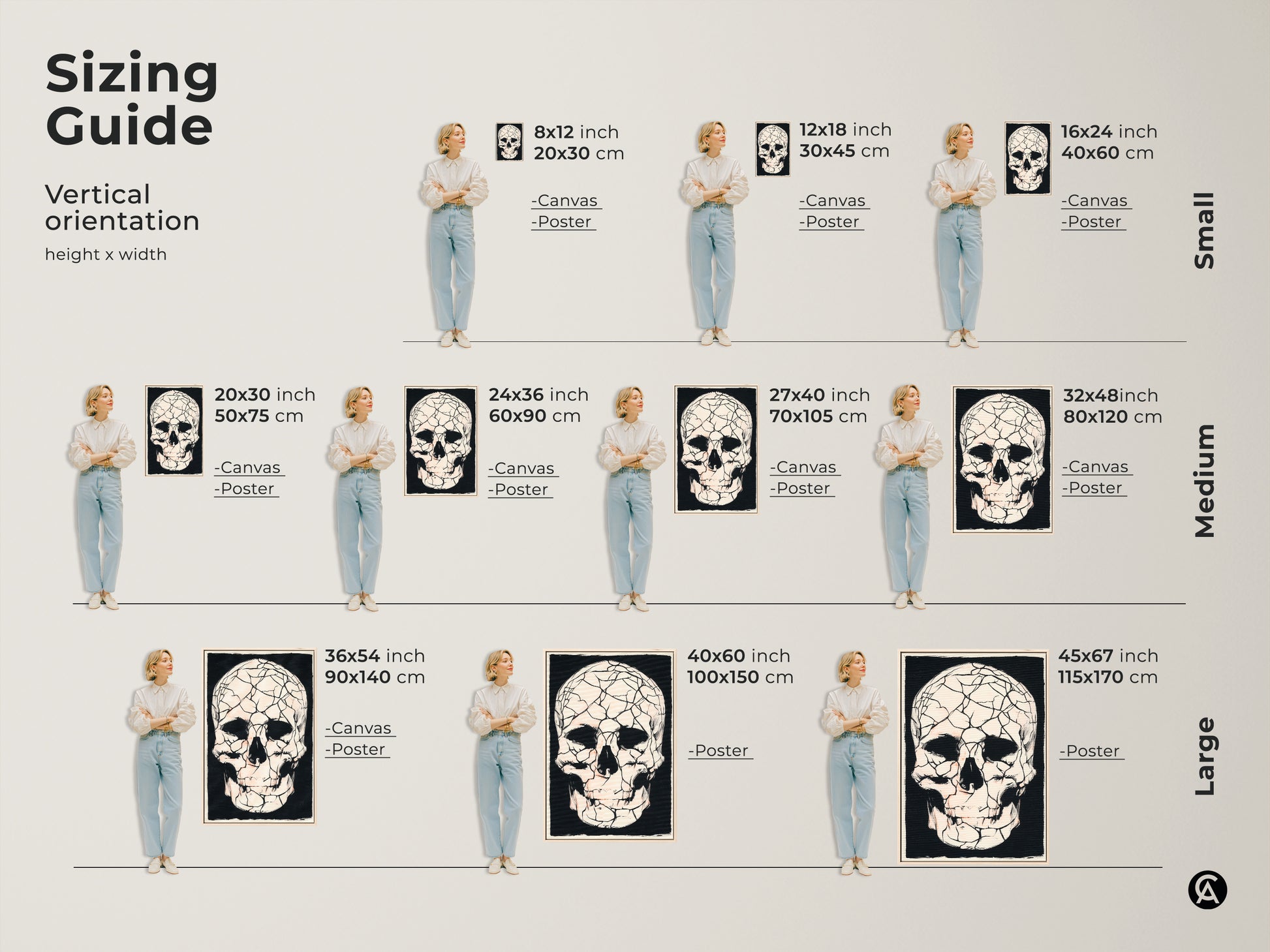 Sizing guide for gothic cracked skull art. See vertical sizes for canvas or poster prints. Small medium and large options shown with models. Decorate with macabre skull art perfect for Halloween dark academia or eclectic gothic aesthetics.