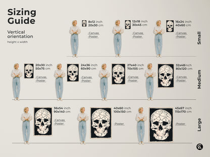 Sizing guide for gothic cracked skull art. See vertical sizes for canvas or poster prints. Small medium and large options shown with models. Decorate with macabre skull art perfect for Halloween dark academia or eclectic gothic aesthetics.