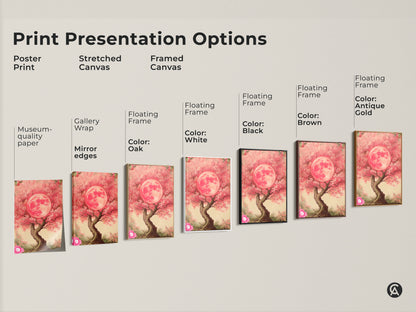 Explore print presentation options with the Pink Moon Tree art. Choose from poster prints stretched canvas or framed canvas. Each style highlights the fuchsia floral nature. Find the perfect fit.
