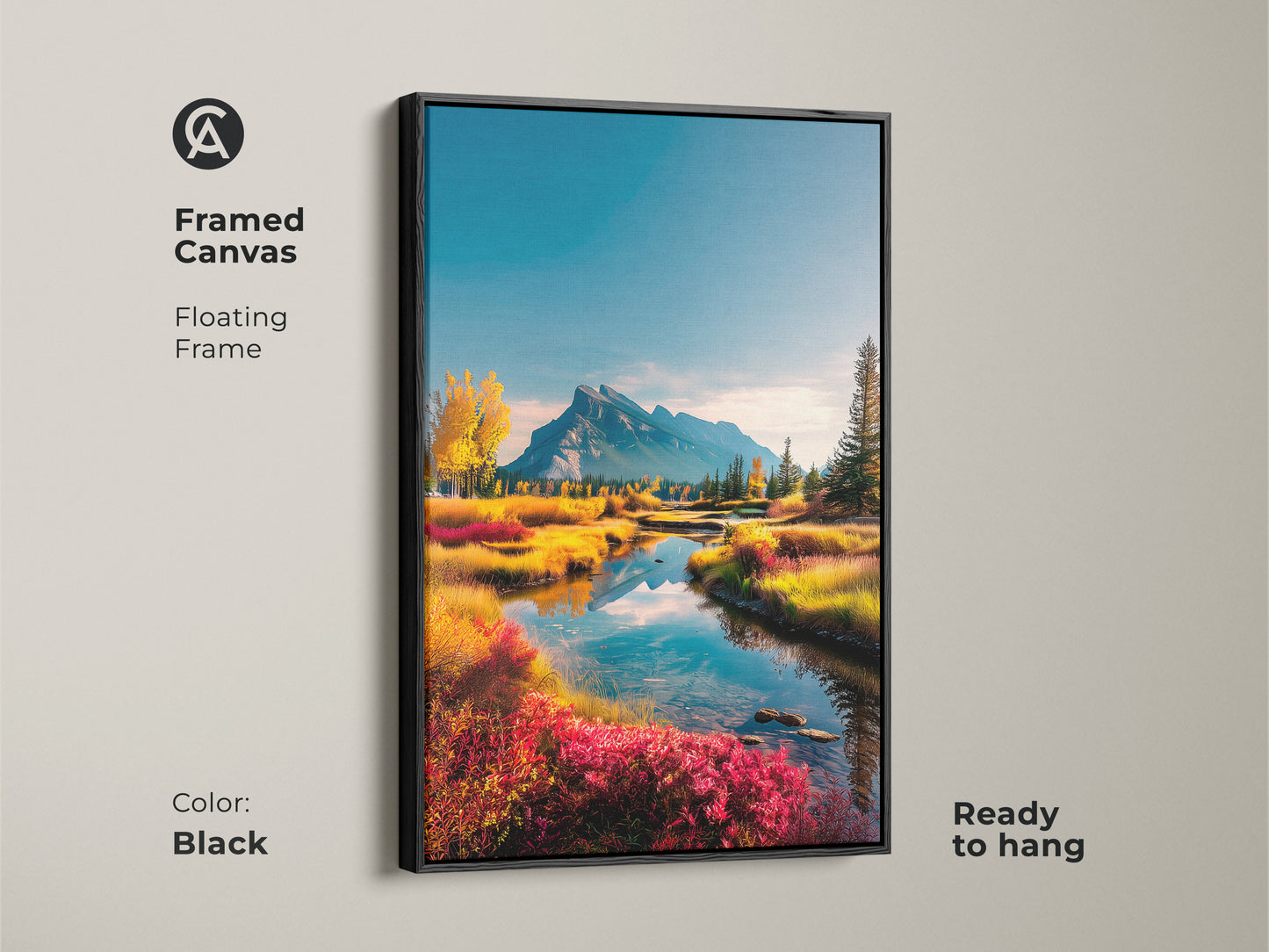 Black framed canvas art featuring a mountain river. Floating frame adds a modern touch. Ready to hang for instant display. Perfect for adding a touch of nature to your space.
