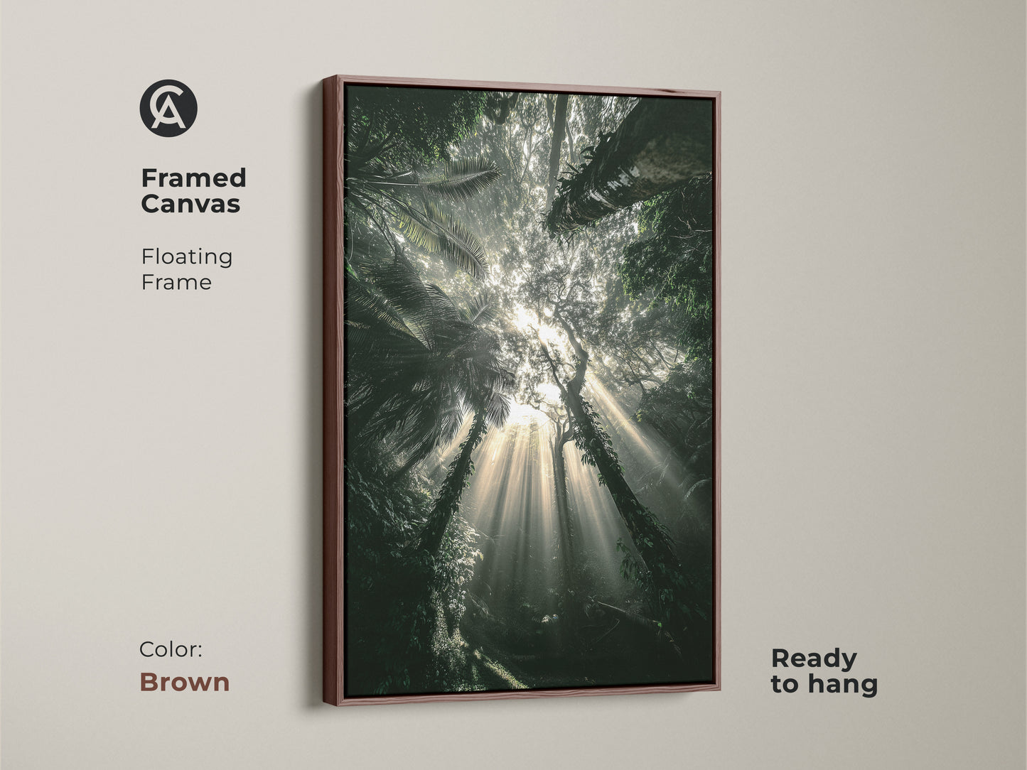 Framed canvas showcasing sunbeam tropical foliage. Brown floating frame complements the deep green nature art. Ready to hang. This light rays through trees print adds elegance to any room.