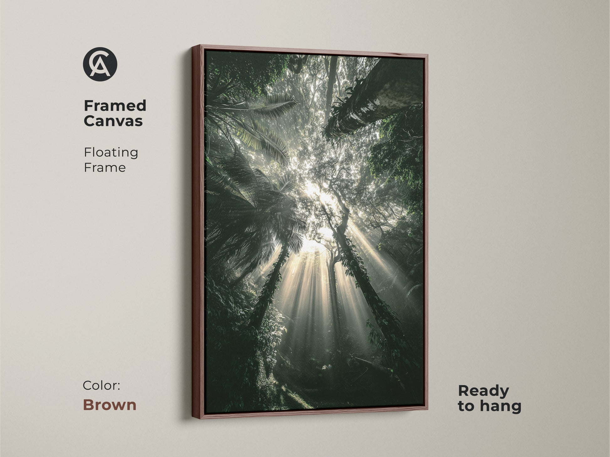 Framed canvas showcasing sunbeam tropical foliage. Brown floating frame complements the deep green nature art. Ready to hang. This light rays through trees print adds elegance to any room.